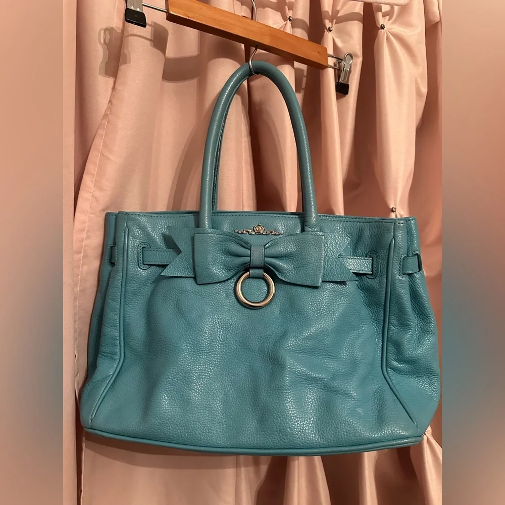 My flat in London MFIL leather bag purse handbag teal blue green bow crown - Picture 1 of 9